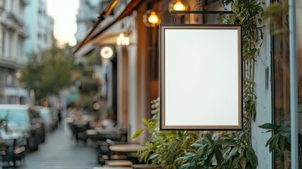 Fototapete - Blank rectangular shop sign frame hanging outside a restaurant, ideal for menu or branding mockups, with a clean urban background.