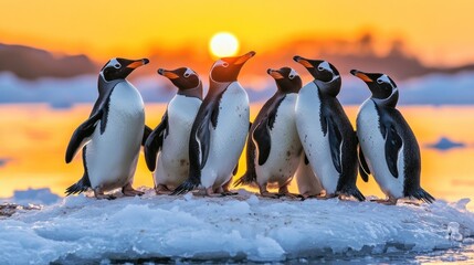 Wall Mural - six gentoo penguins huddle together on an iceberg at sunset.