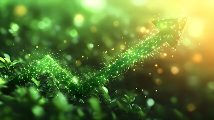 Poster - A green arrow made of sparkles rises among lush foliage, symbolizing growth and progress.