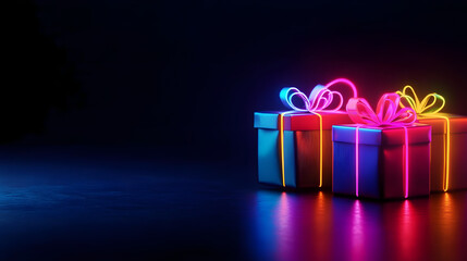 Poster - Colorful neon gift boxes on a dark background, perfect for celebrations and events.