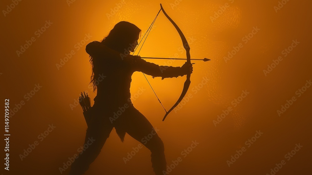 Silhouette of a female archer aiming bow and arrow against an orange ...