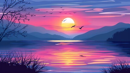 Poster - A digital illustration of a lake at sunset with mountains and birds.