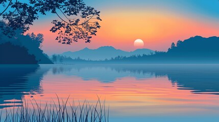 Poster - A calm lake with a sunset in the background.