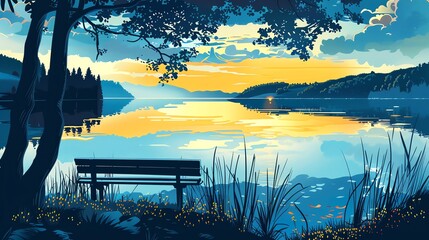 Poster - A digital illustration of a scenic lake at sunset, with a bench beneath a tree.
