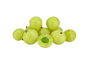 Wall Mural - Fresh amla (Indian gooseberry) fruits with cut in half levitate isolated on transparen png.