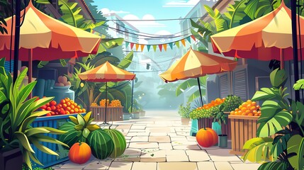 Poster - A cartoon illustration of an outdoor market with fruit and vegetables.