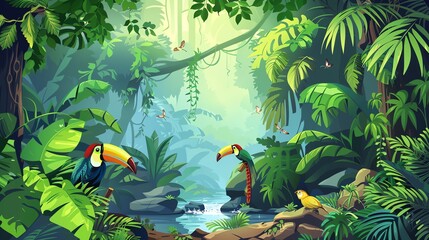 Poster - A cartoon illustration of a tropical jungle with toucans and a small stream.