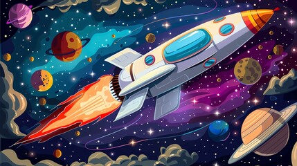 Poster - A cartoon rocket ship flying through space with planets and stars in the background.