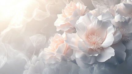 Poster - A 3D wallpaper with a floral design, soft steam gently rising in the air, creating a subtle, tranquil mood with soft pastel hues.