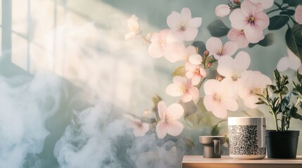 Poster - A 3D wallpaper with a floral design, soft steam gently rising in the air, creating a subtle, tranquil mood with soft pastel hues.