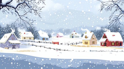 Poster - A cartoon style illustration of a snowy village with houses and trees.