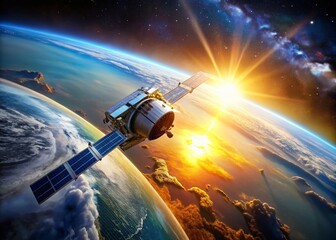 Wall Mural - sunrise earth orbit: satellite double exposure stock photo