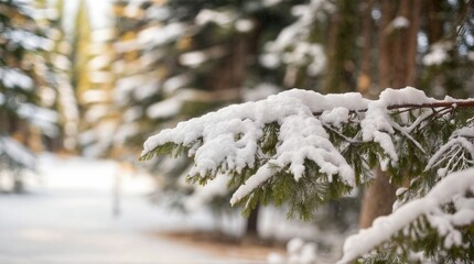 Closeup of snow covered evergreen branch in forest