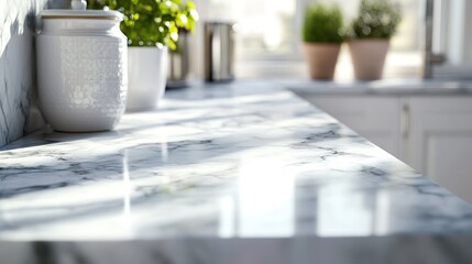 Wall Mural - Sunlit marble kitchen countertop with herbs and canister.