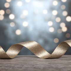 Wall Mural - Sparkling gold ribbon on a wooden surface with bokeh background