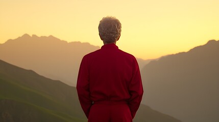 Wall Mural - Contemplative figure overlooking a serene mountain sunset