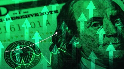 Poster - USA Dollar currency bill with glowing green graph 4k animation showing profit and upward trend. Currency value increasing concept background