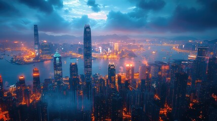 Wall Mural - Night cityscape, Hong Kong, vibrant lights, skyscrapers, harbor.