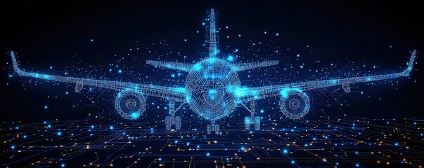 Fototapete - Digital wireframe airplane with glowing technology background