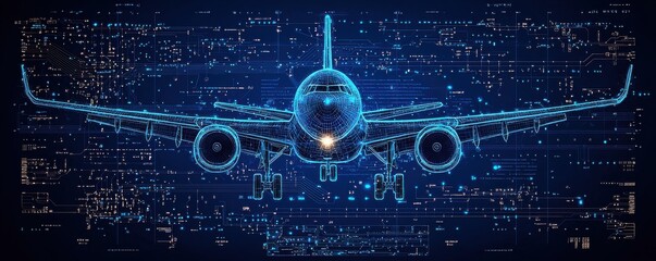 Wall Mural - Flat  graphic of a digital airplane blueprint design