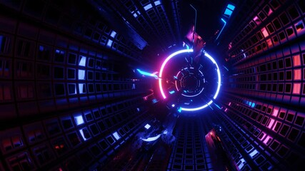 Hi-tech neon sci-fi tunel. Trendy neon glow lines form pattern and construction in mirror tunnel. Beautiful neon tunnel. Fly through technology cyberspace. 3d looped seamless 4k bright youth bg. Rings