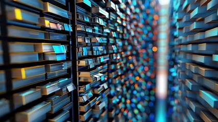 Poster - Server racks storing big data glow with blue and orange lights in a dark room, creating a futuristic technology background with a blurred corridor