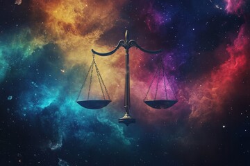 Poster - Libra zodiac sign illuminated against a stunning nebula background in celestial harmony