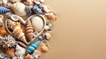 Seashells arranged in heart shape on sandy background