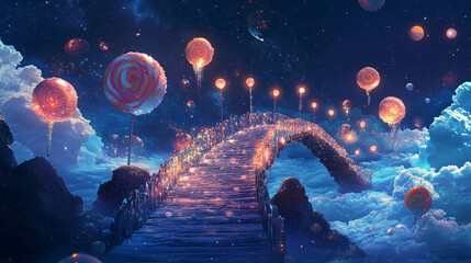 Wall Mural - A bridge made of crystallized lollipop shards, glittering in the moonlight as it extends to a dreamlike, floating landscape. 