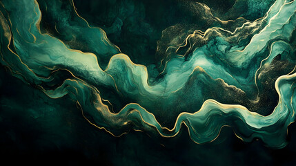 Wall Mural - Organic abstract background with smooth, curved lines in shades of gold and emerald, resembling fluid movement on a deep black surface