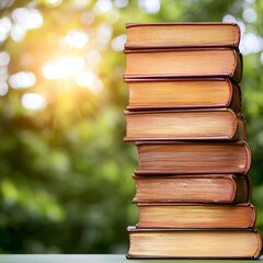 Wall Mural - Stacked vintage books against a sunlit natural backdrop