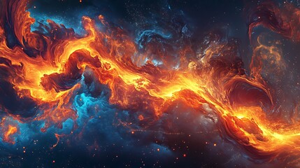 Aufkleber - Vibrant digital artwork a fiery nebula in space with Orange blue hues intertwine creating a dramatic cosmic scene.