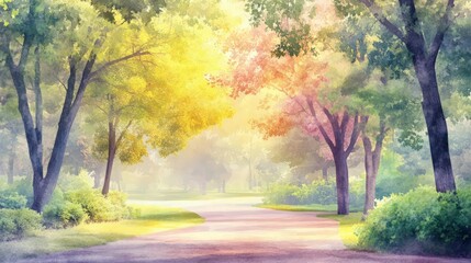  A tranquil park scene bathed in warm early morning light, with soft yellow, pink, and green hues illuminating a peaceful pathway surrounded by lush trees, captured in watercolor style.