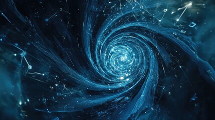 Poster - Big data analytics in a digital futuristic setting with swirling lines, blue tones, and algorithmic connections.