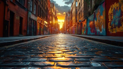 Canvas Print - Sunset alley, brick buildings, colorful graffiti.