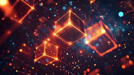 Poster - Dynamic floating cubes with glowing particles digital space 3d animation futuristic abstract visualization