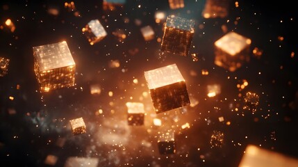 Poster - Floating golden cubes abstract digital space 3d visualization cosmic environment dynamic perspective futuristic concepts