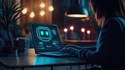 Poster - Person using a digital chatbot interface for customer service on a laptop, with glowing AI assistant icons.