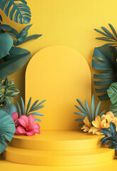 Wall Mural - a bright yellow stage framed by lush green plants, offering a captivating setting for various events