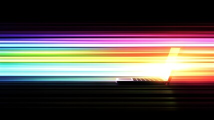 Fototapete - Dynamic laptop with colorful light trails in a modern digital workspace