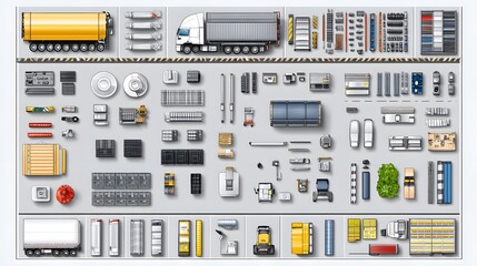 Poster - Transport logistics equipment overview warehouse infographic industrial setting aerial view supply chain management