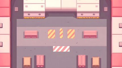 Poster - Loading trucks at industrial warehouse urban setting aerial view logistics concept