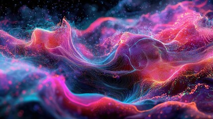 Poster - Advanced data science visualization showing 3D flow patterns, neural connections, and analytics in an abstract digital background.