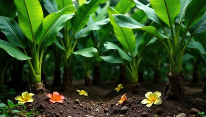 Wall Mural - Banana leaves and flowers scattered around the base of mature banana plants, nature, foliage