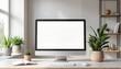 © Alex_Kalin - Minimalist workspace featuring a blank computer screen and vibrant indoor plants for a serene atmosphere