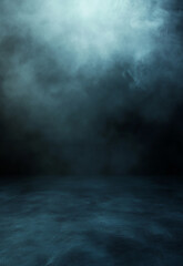 Poster - A dark room with a blue wall and a light shining on it Mysterious dark atmosphere with fog and light reflections, perfect for creating dramatic and moody visuals.
