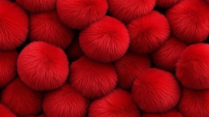 Poster - Close up of red pom poms. The pom poms are all different sizes and are arranged in a way that creates a sense of depth and texture. The image conveys a playful and whimsical mood