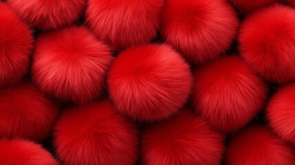 Poster - Close up of red pom poms. The pom poms are arranged in a row and are all the same size