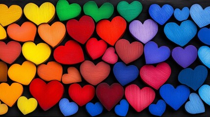 Poster - Row of colorful wooden hearts are arranged in a line. The hearts are of different colors and sizes, creating a vibrant and cheerful display. The arrangement of the hearts suggests a sense of unity