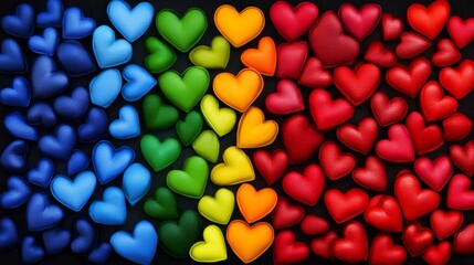 Poster - Colorful array of hearts in various shades of red, blue, and yellow. Concept of love, unity, and diversity